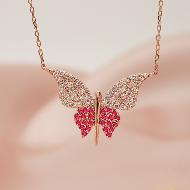Butterfly Pink Sapphire Necklace – 18K Rose Gold