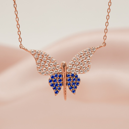 Butterfly Blue Sapphire Necklace – 18K Rose Gold