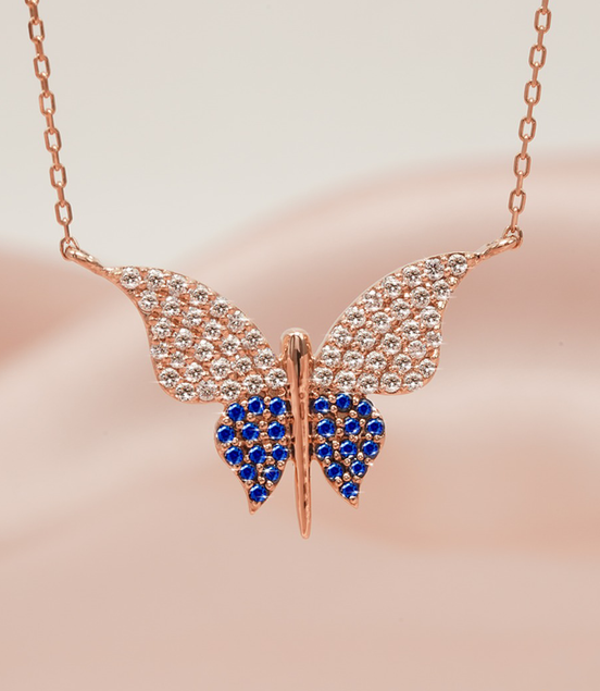 Butterfly Blue Sapphire Necklace – 18K Rose Gold