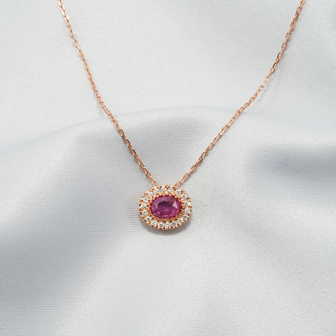 Elegance in Bloom – 18K Rose Gold Pink Sapphire & Diamond Halo Necklace
