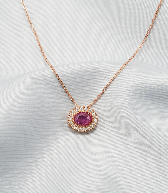 Elegance in Bloom – 18K Rose Gold Pink Sapphire & Diamond Halo Necklace