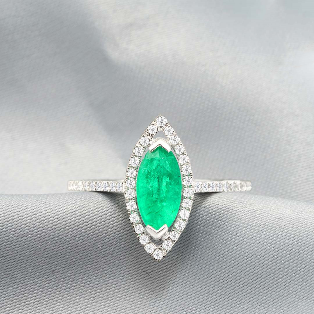 18K White Gold Emerald Marquis Ring with Diamonds