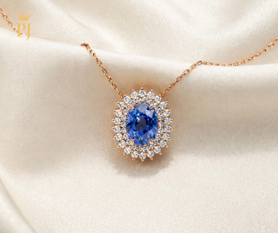 18k rose gold blue sapphire and diamond necklace