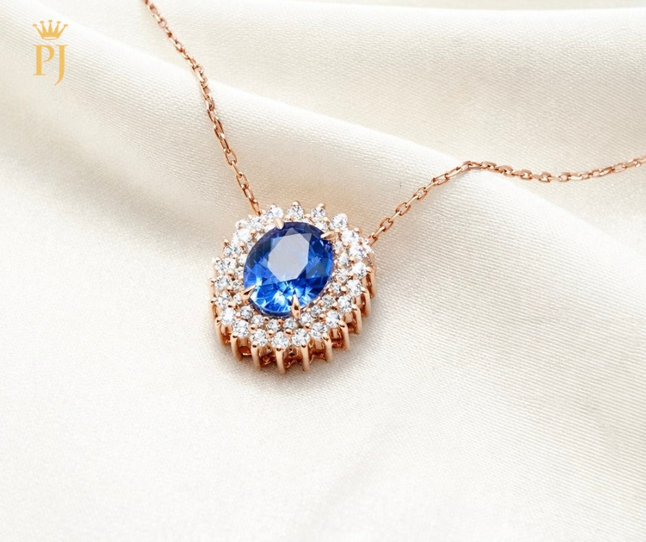 18k rose gold blue sapphire and diamond necklace
