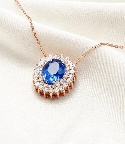 18k rose gold blue sapphire and diamond necklace