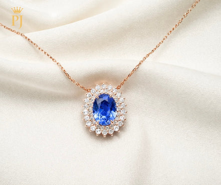 18k rose gold blue sapphire and diamond necklace