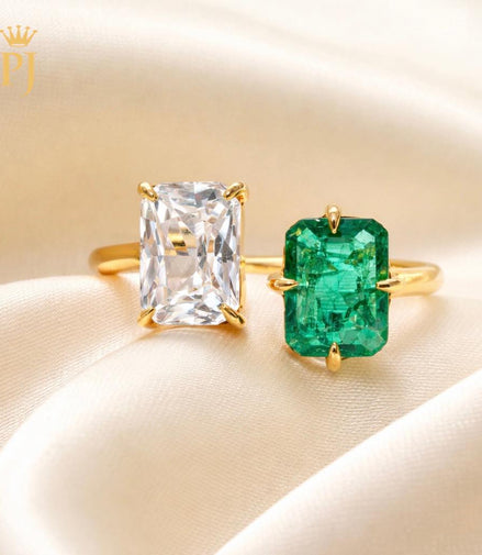18k yellow gold emerald and white sapphire ring