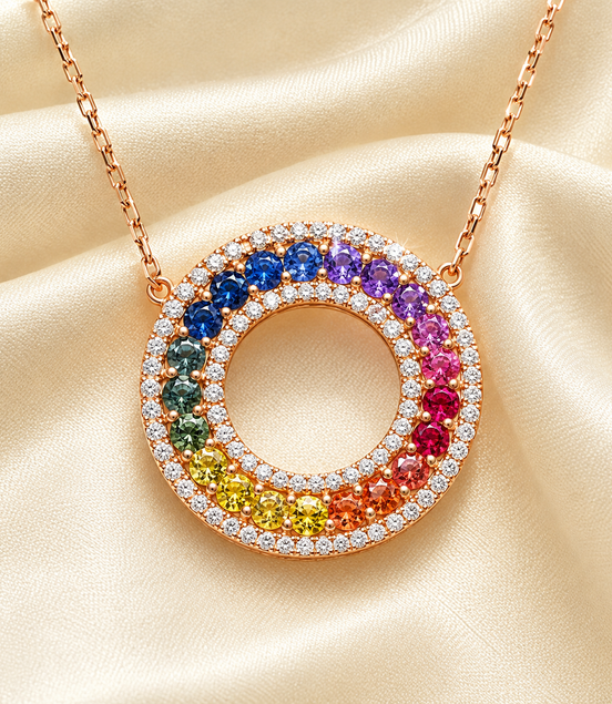18K Rose Gold Natural Diamond & Rainbow Sapphire Necklace