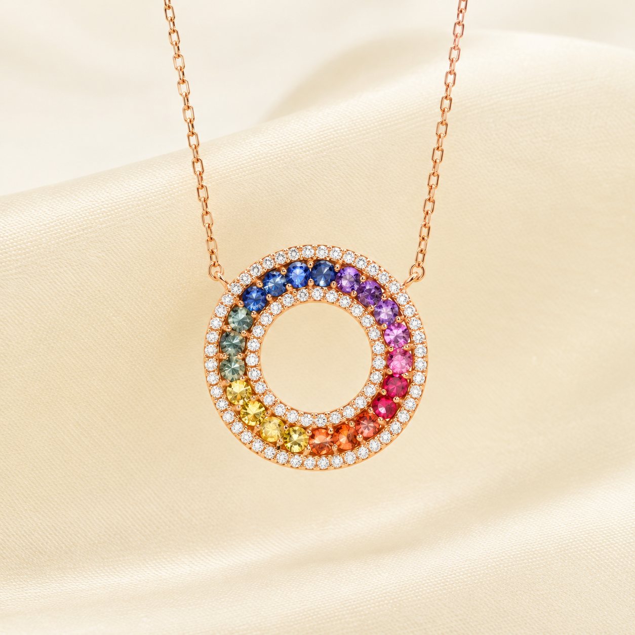 18K Rose Gold Natural Diamond & Rainbow Sapphire Necklace