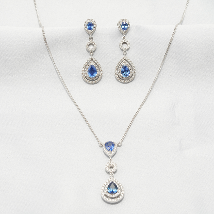 18K White Gold Teardrop Blue Sapphire & Diamond Halo Necklace and Earring Set