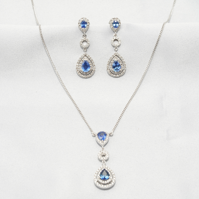 18K White Gold Teardrop Blue Sapphire & Diamond Halo Necklace and Earring Set