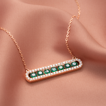 Emerald &amp; Diamond Bar Necklace – 18K Rose Gold