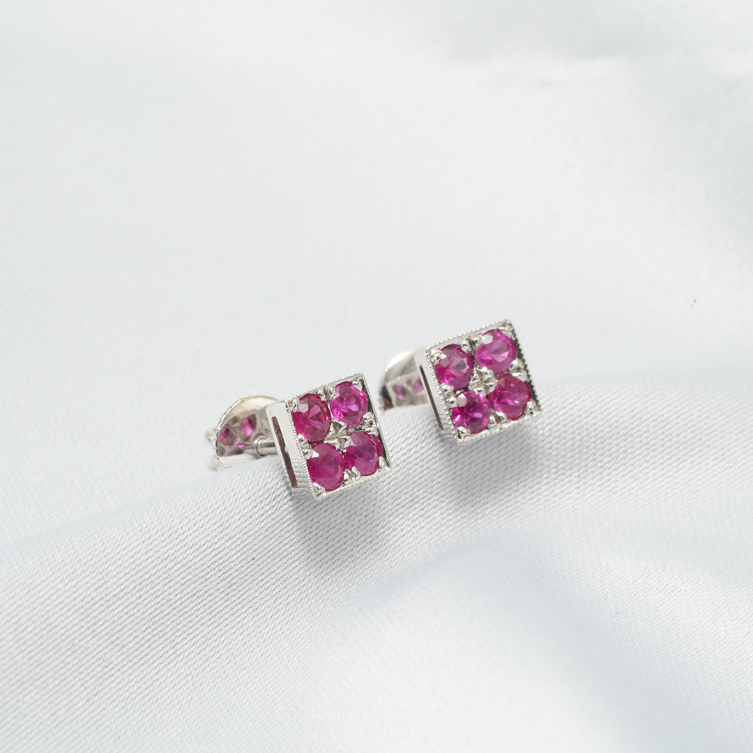 Ruby Cluster Earrings – 18K White Gold