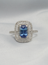 Radiant Elegance – 18K White Gold Blue Sapphire &amp; Diamond Double Halo Ring