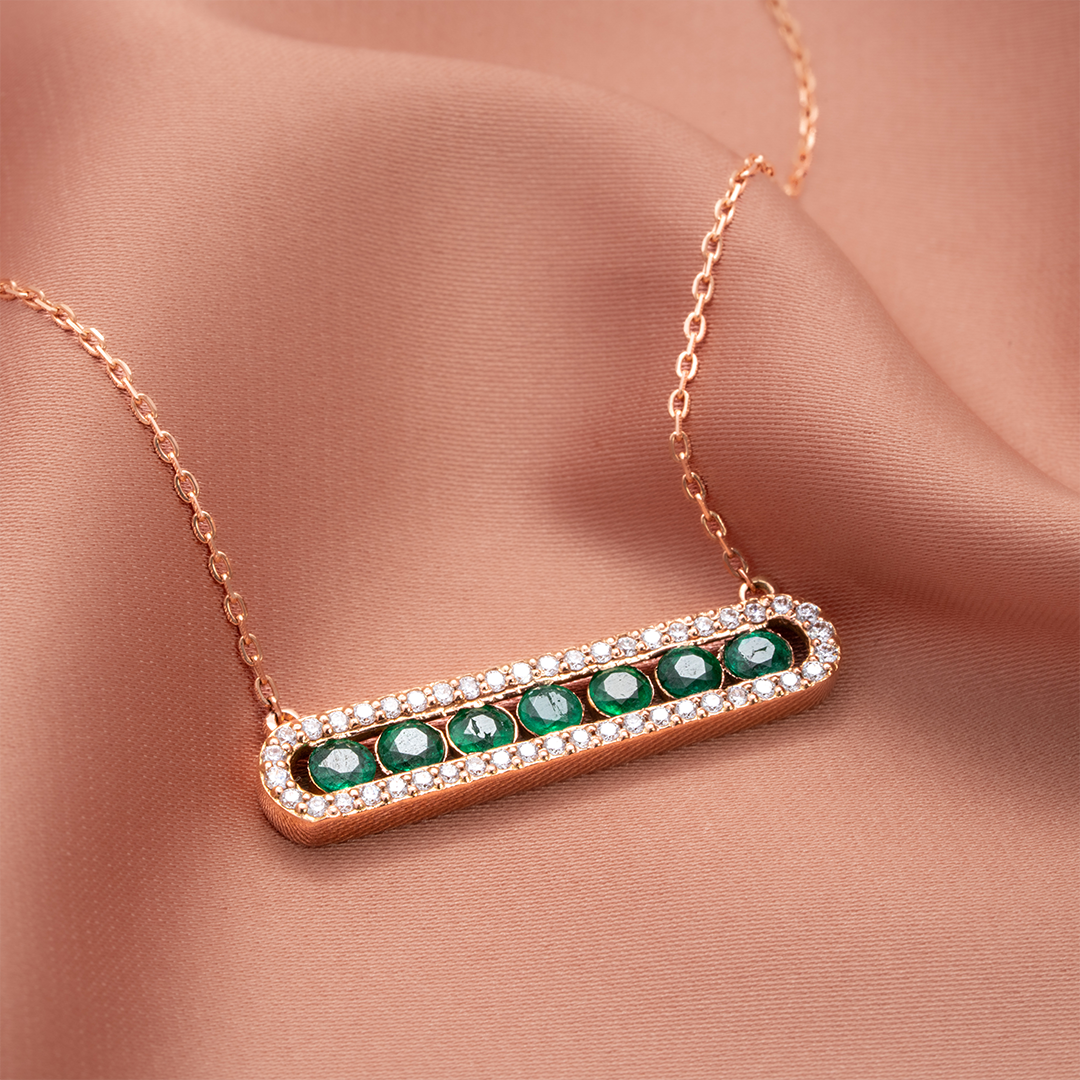 Emerald & Diamond Bar Necklace – 18K Rose Gold