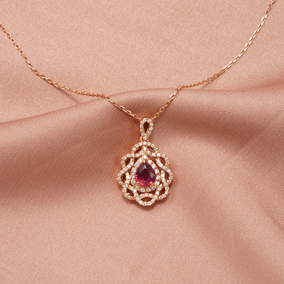 18K Rose Gold Teardrop Ruby & Diamond Necklace