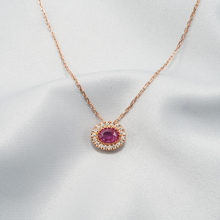 Elegance in Bloom – 18K Rose Gold Pink Sapphire &amp; Diamond Halo Necklace