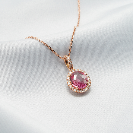 Exquisite Padparadscha Sapphire &amp; Diamond Pendant – 18K Rose Gold