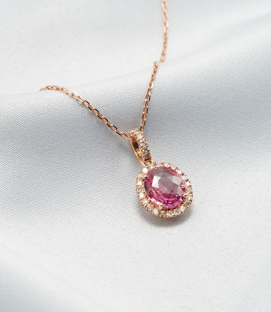 Exquisite Padparadscha Sapphire &amp; Diamond Pendant – 18K Rose Gold