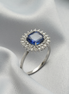 Blue Sapphire &amp; Diamond Halo Ring – 18K White Gold
