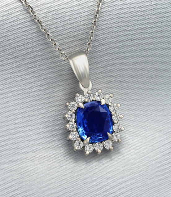 Blue Sapphire Cluster Necklace – A Halo of Brilliance in 18K White Gold