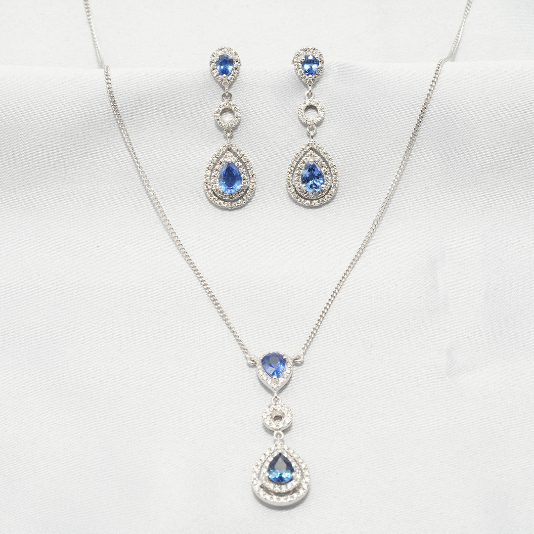 18K White Gold Teardrop Blue Sapphire & Diamond Halo Necklace and Earring Set