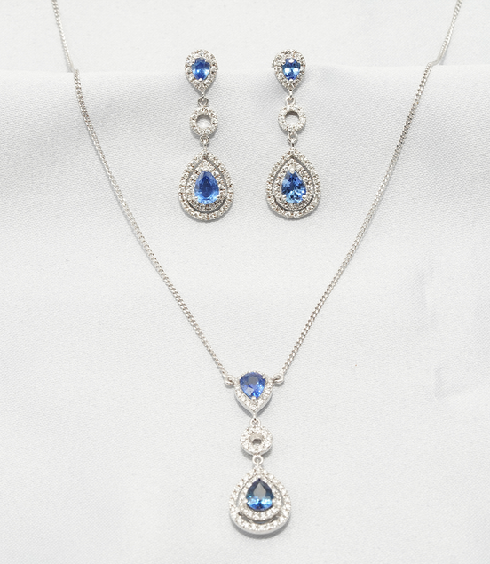 18K White Gold Teardrop Blue Sapphire & Diamond Halo Necklace and Earring Set