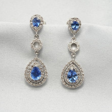 18K White Gold Double Teardrop Blue Sapphire & Diamond Halo Earrings
