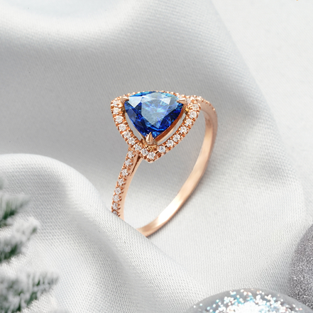 Trillion Blue Sapphire & Diamond Halo Ring – 18K Rose Gold