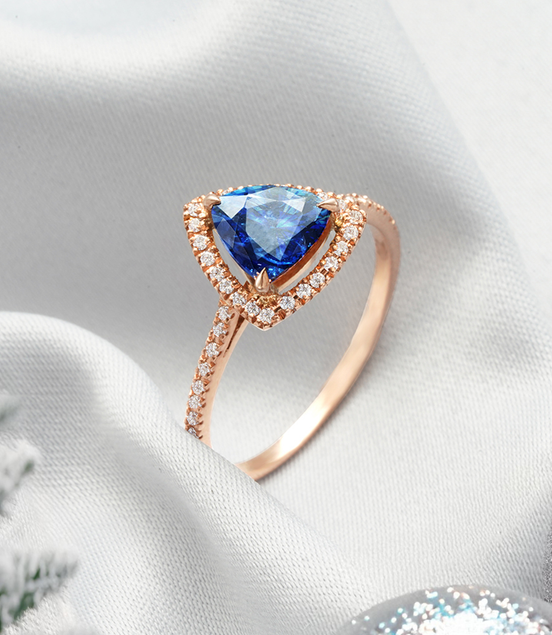 Trillion Blue Sapphire & Diamond Halo Ring – 18K Rose Gold
