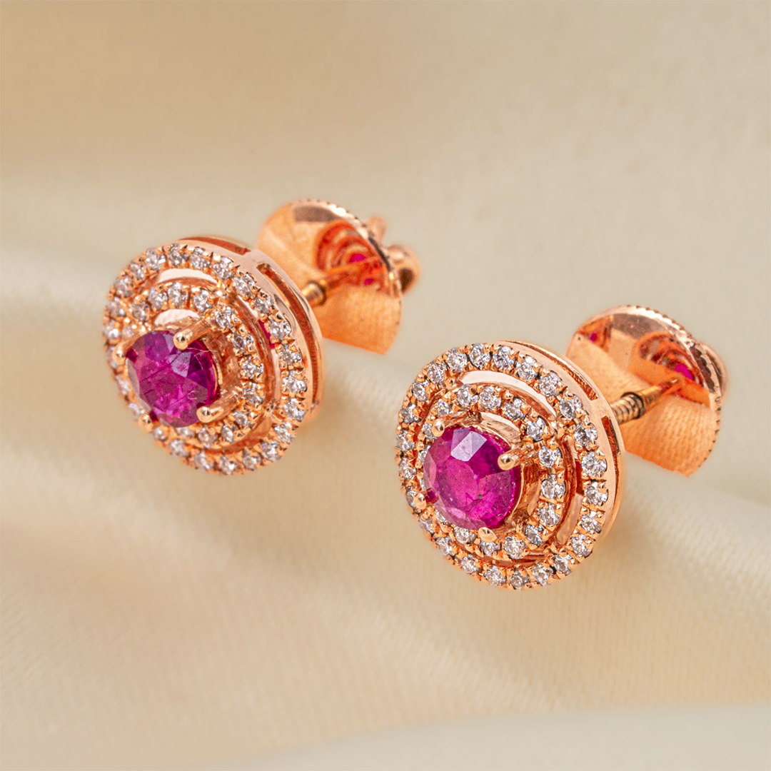 Passion &amp; Purity – 18K Rose Gold Ruby Diamond Halo Earrings