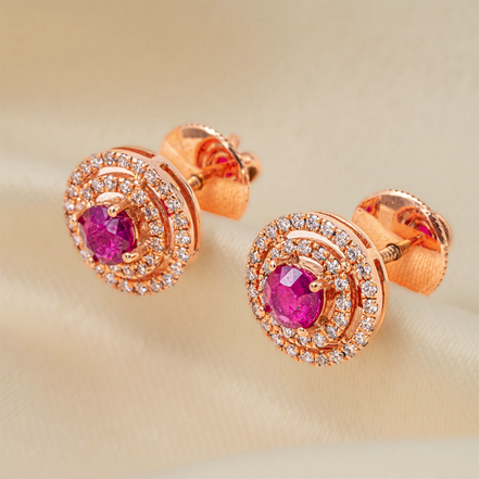 Passion &amp; Purity – 18K Rose Gold Ruby Diamond Halo Earrings