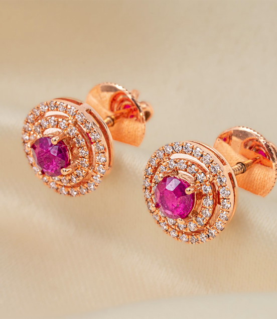 Passion &amp; Purity – 18K Rose Gold Ruby Diamond Halo Earrings