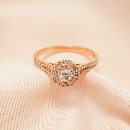 Celestial Glow: 18K Rose Gold Double Halo Diamond Ring