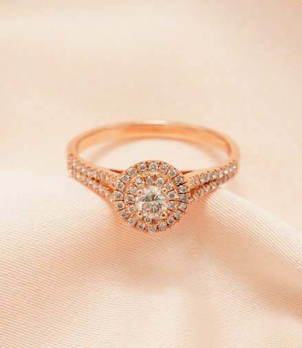 Celestial Glow: 18K Rose Gold Double Halo Diamond Ring