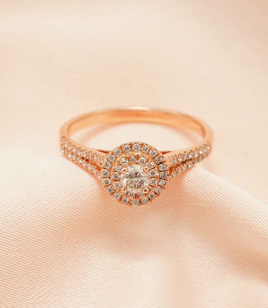 Celestial Glow: 18K Rose Gold Double Halo Diamond Ring