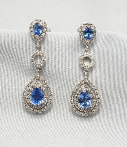 18K White Gold Double Teardrop Blue Sapphire & Diamond Halo Earrings