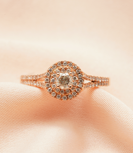 Celestial Glow: 18K Rose Gold Double Halo Diamond Ring