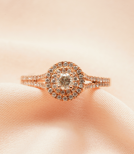 Celestial Glow: 18K Rose Gold Double Halo Diamond Ring