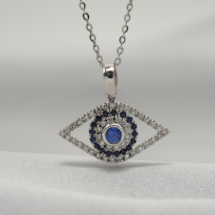 18K White Gold Evil Eye Pendant with Blue Sapphire &amp; Diamonds