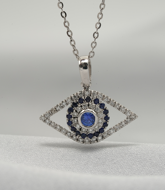 18K White Gold Evil Eye Pendant with Blue Sapphire &amp; Diamonds