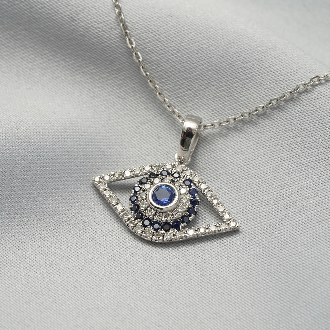 18K White Gold Evil Eye Pendant with Blue Sapphire & Diamonds