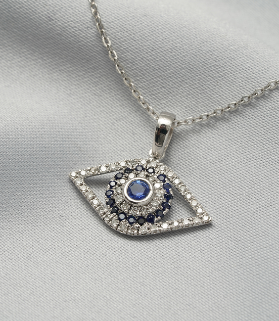 18K White Gold Evil Eye Pendant with Blue Sapphire &amp; Diamonds