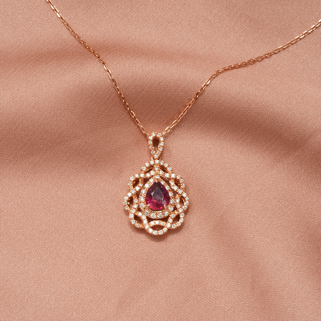 18K Rose Gold Teardrop Ruby & Diamond Necklace