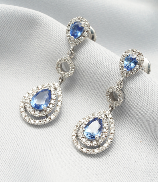 18K White Gold Teardrop Blue Sapphire & Diamond Halo Necklace and Earring Set