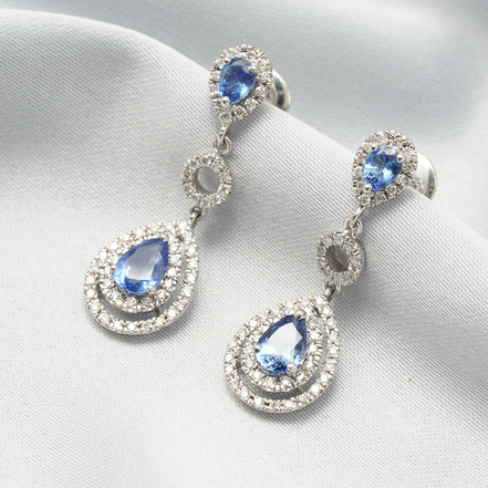 18K White Gold Double Teardrop Blue Sapphire & Diamond Halo Earrings