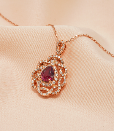 18K Rose Gold Teardrop Ruby & Diamond Necklace