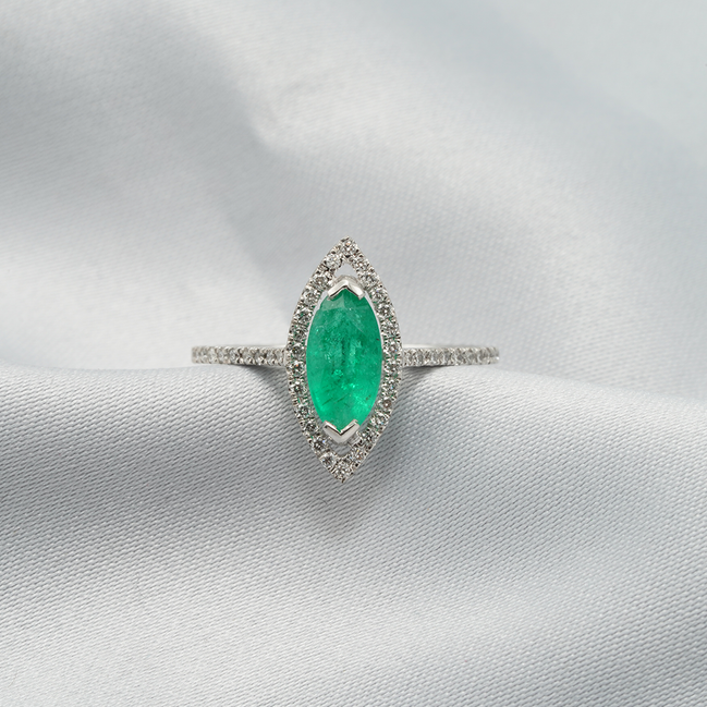 18K White Gold Emerald Marquis Ring with Diamonds