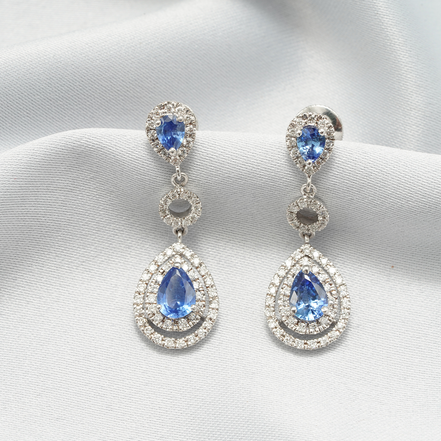 18K White Gold Double Teardrop Blue Sapphire & Diamond Halo Earrings