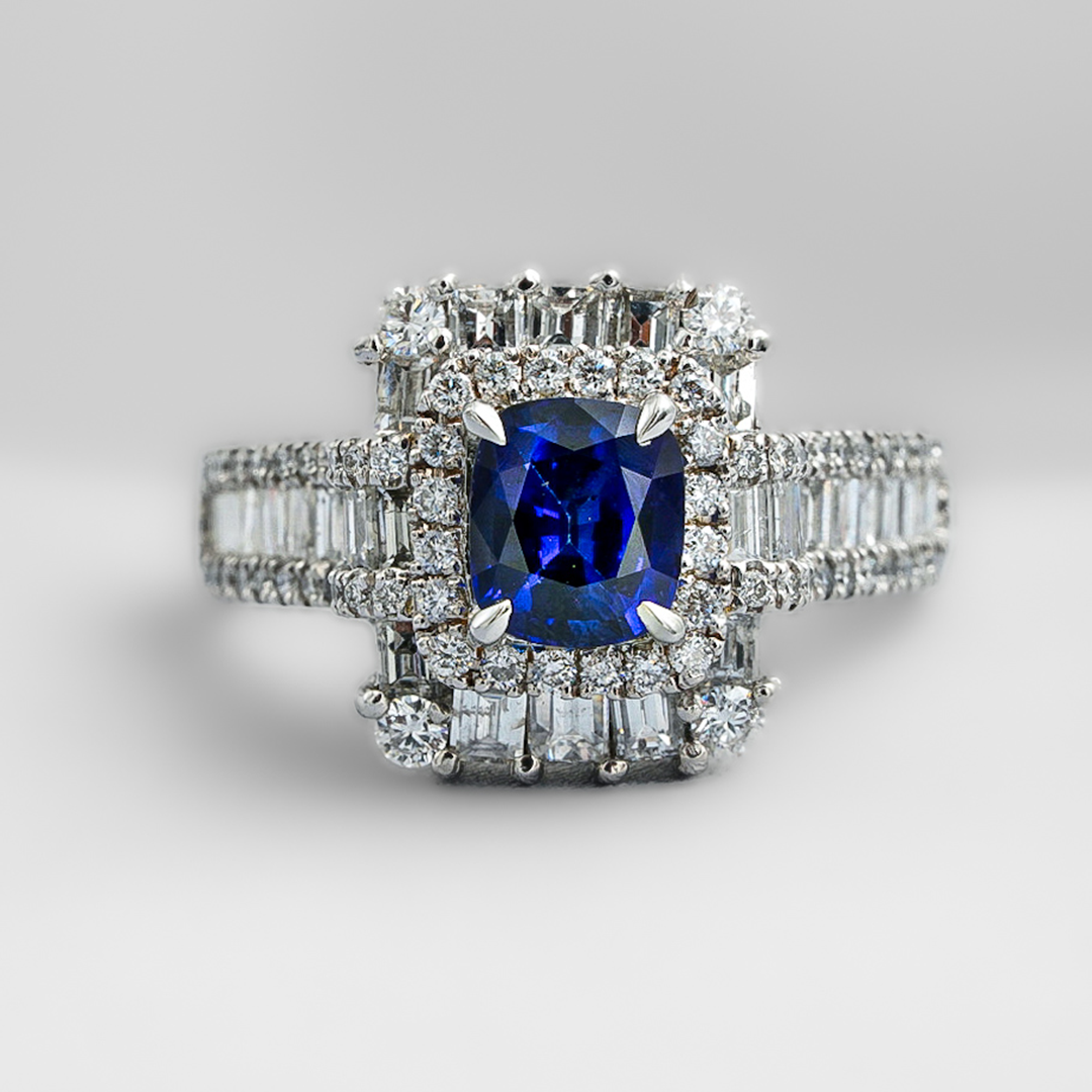 Blue Radiance – 18K White Gold Cushion Ring with Blue Sapphire &amp; Diamonds